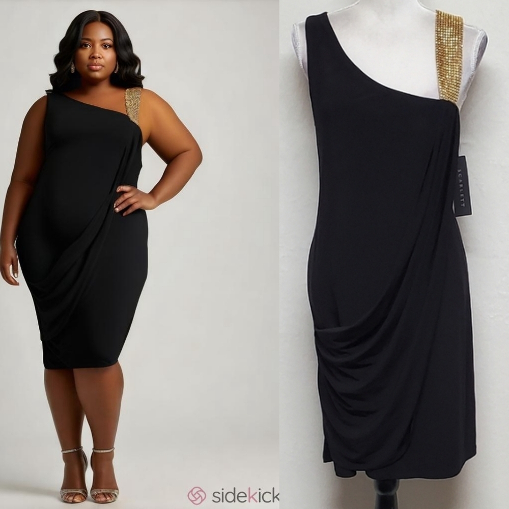 Grecian Scarlett Black One-Shoulder Gold Embellished Draped Midi Sheath Dress 16